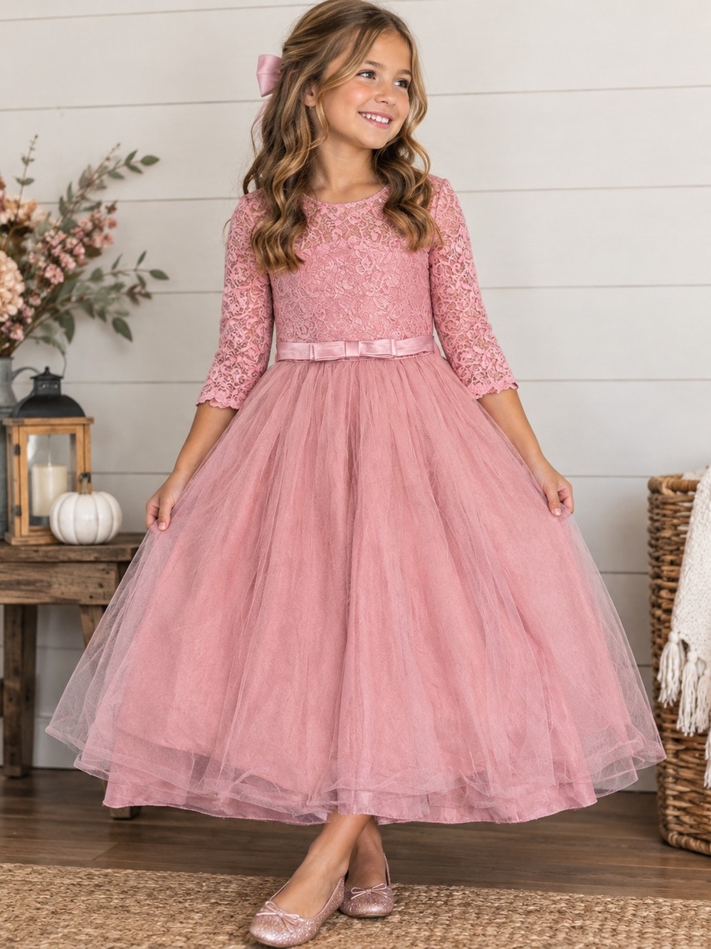 Girls' Dusty Rose Lace & Tulle Party Dress